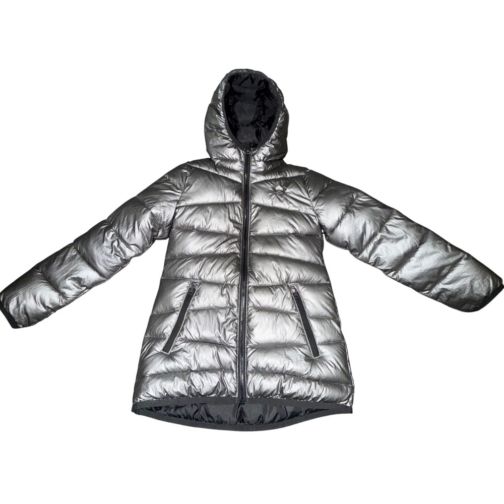 Under Armour Girls Puffer Jacket Silver Hooded Full Zip Padded‎ Coat Size 6X